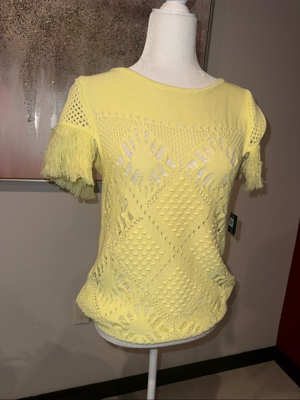 INC International Concepts Yellow Knit Fringe Sleeve Top
